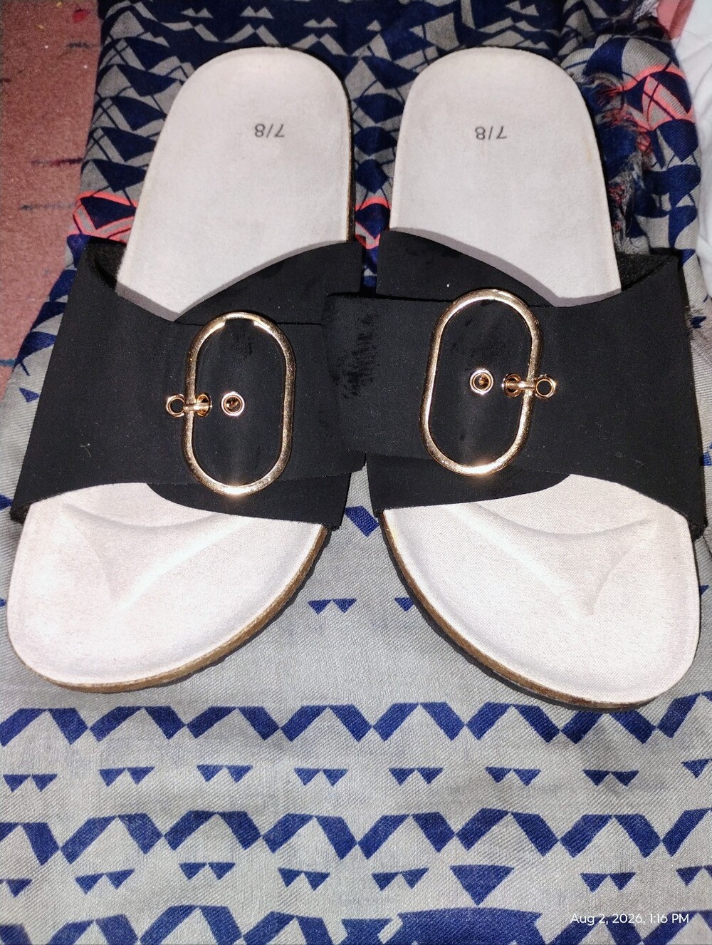 Women’s Black Slide Sandals with Gold Buckle